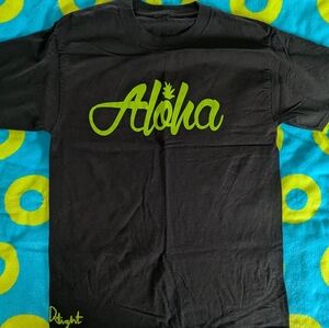 Delight Black T-Shirt with Green‎ 'Aloha' Print